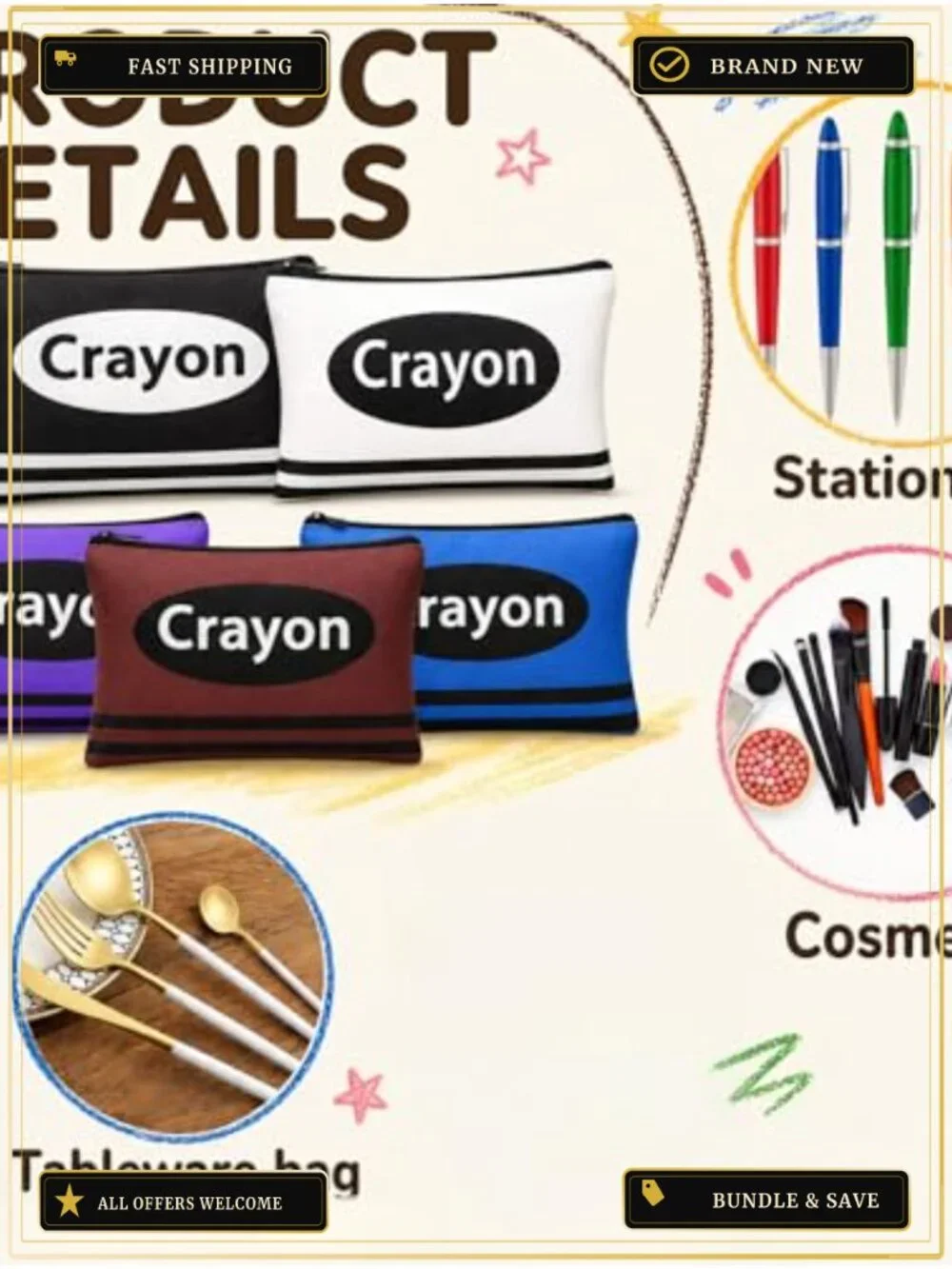 24 Pcs Crayon Cosmetic Bags Canvas Makeup Pouches Teacher Gifts Bulk
